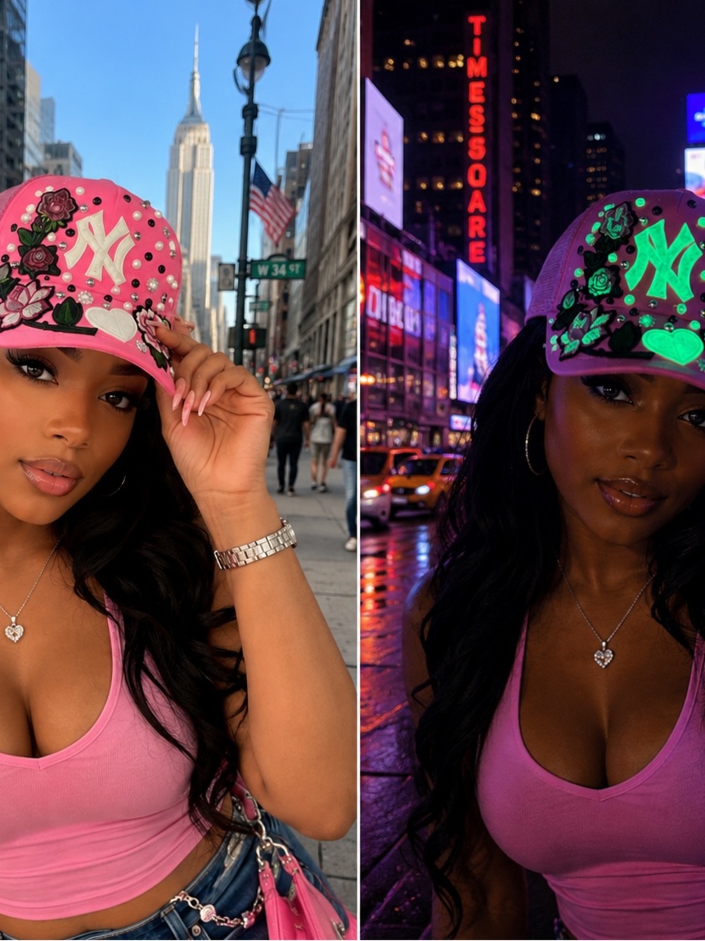 Upcycled NY Embellished Pink Baseball Cap with a Glow in the dark night effect